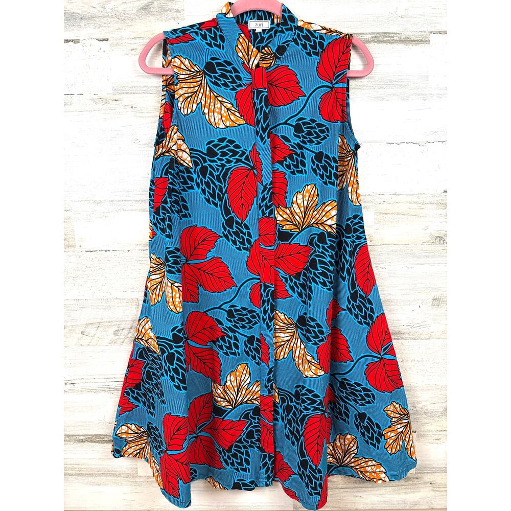 Zuri African Wax Print Shirt Dress Womens S 100% Cotton Blue Red Floral NEW